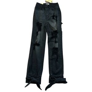 Loverly Fit Black Distressed High Rise Tie Cuff Denim Jeans NWT Size 9